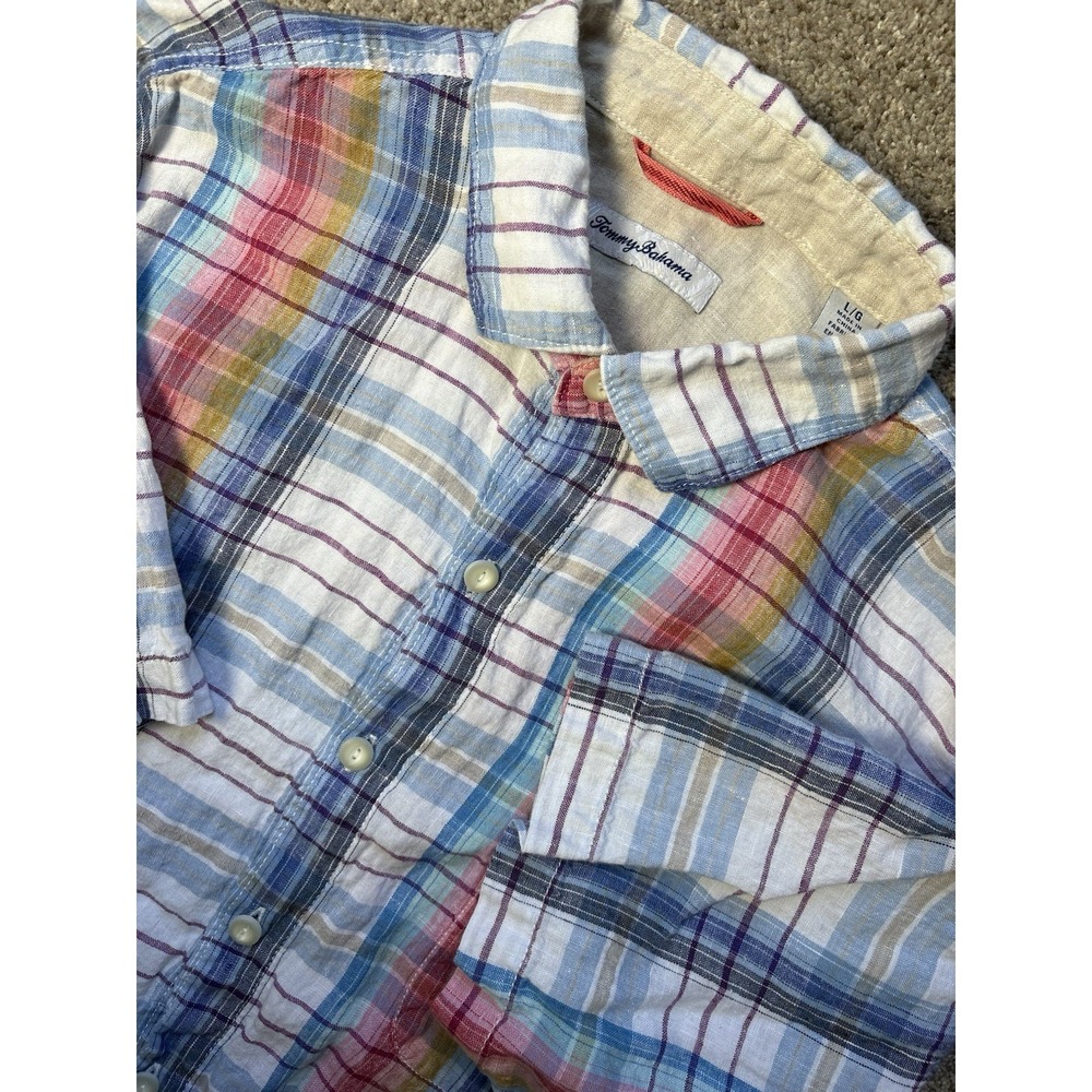 Tommy Bahama Mens L 100% Linen Button Down Shirt Plaid Short Sleeve Blue White - Picture 1 of 8